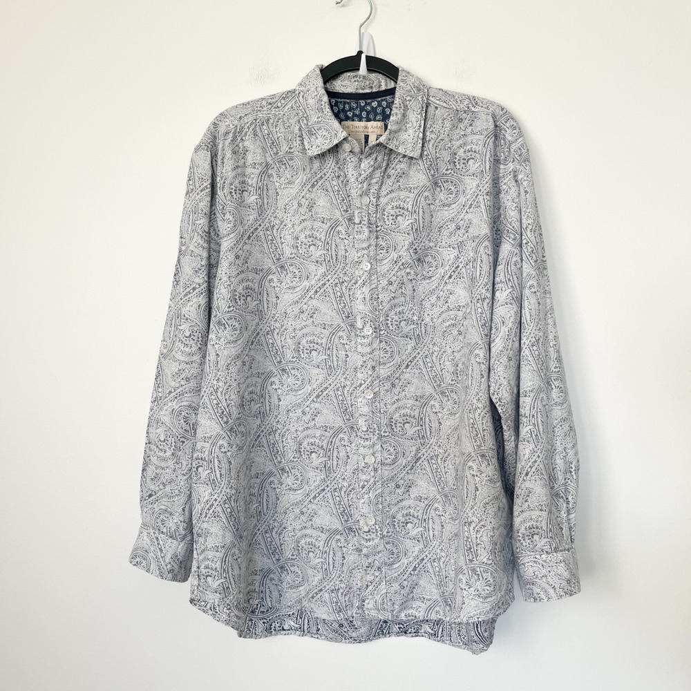 The Territory Ahead Linen Blend LS Button Up Paisley Print Shirt Mens Large Blue